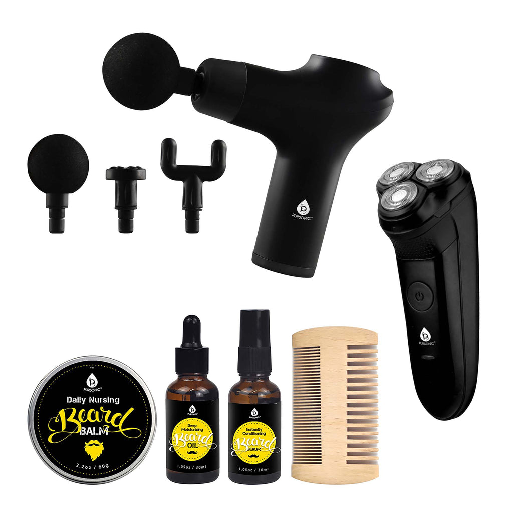 The Ultimate Men's Grooming & Relaxation Bundle – Beard Care, Electric Shaver, and Massage Gun
