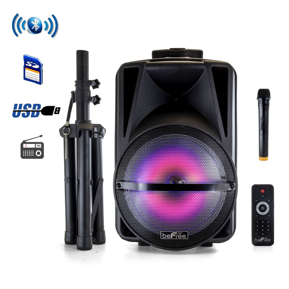 beFree Sound 12 Inch PA Bluetooth Rechargeable Portable Party Speaker with Reactive LED Lights and